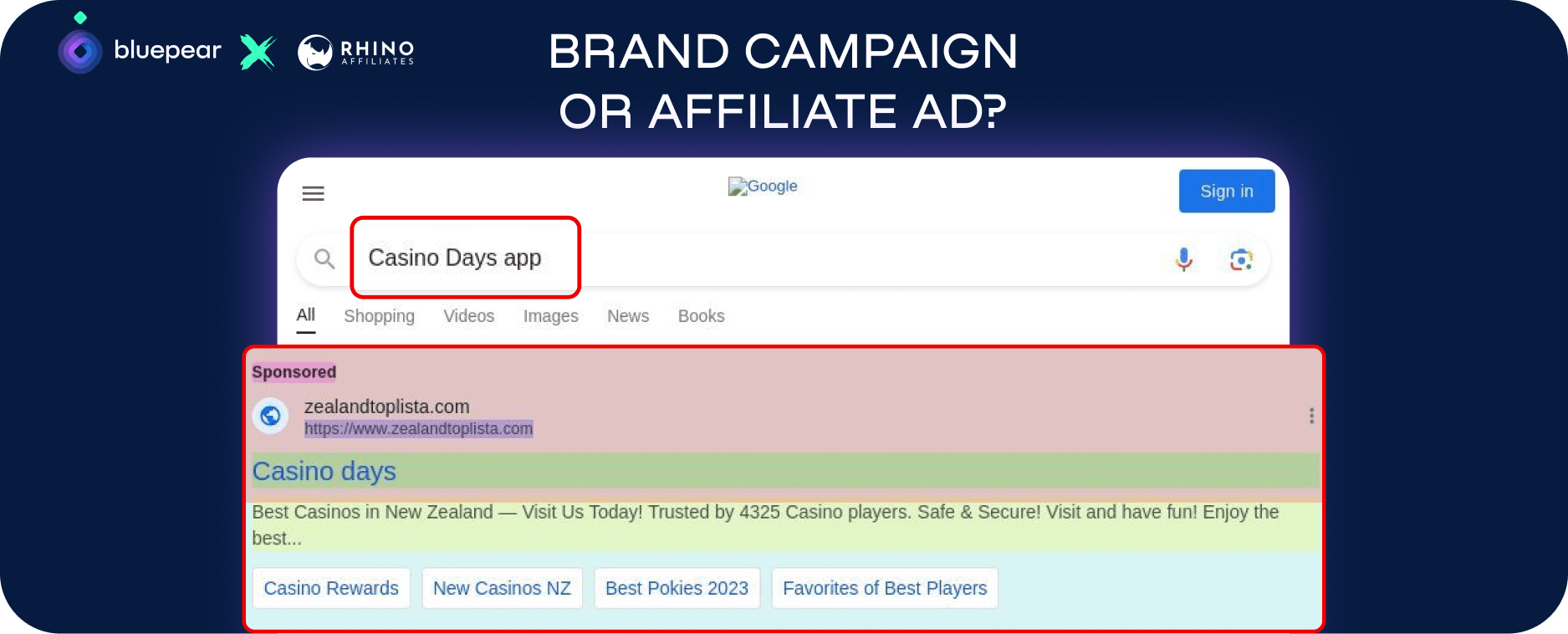Google search results for “Casino Days app” showing a sponsored affiliate ad disguised as a brand campaign